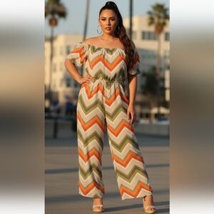 Tacera Olive Green Orange Chevron Off-Shoulder Jumpsuit